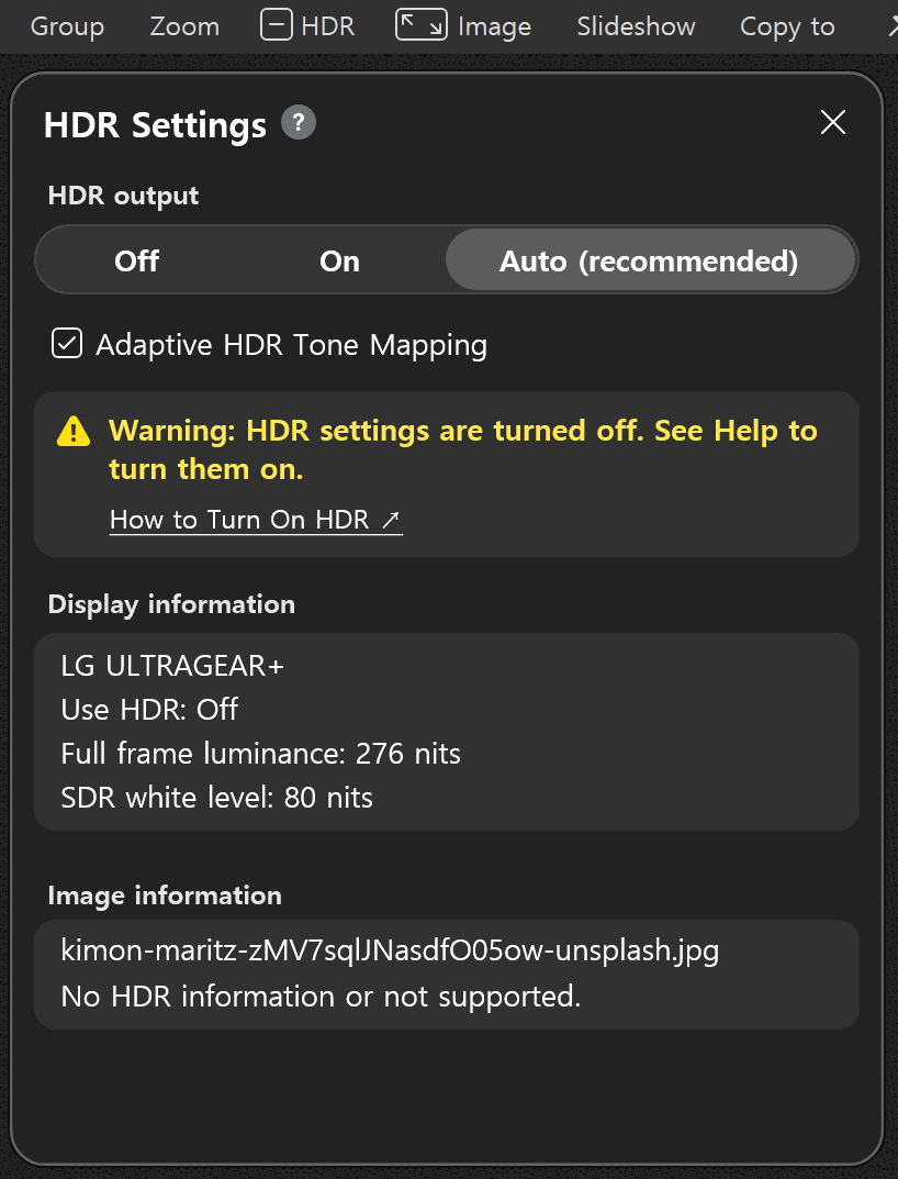 The [HDR] button in BandiView and the warning message in the [HDR Settings] window
