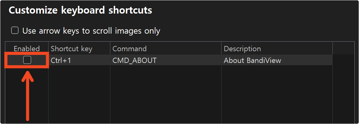 Custom shortcut disabled by clearing its checkbox